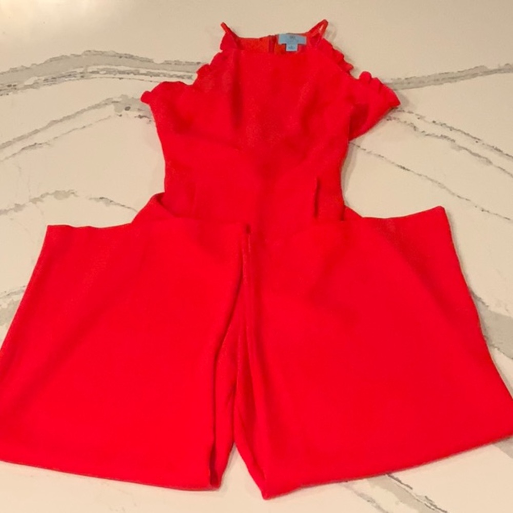 CECE Womens Red Ruffled Sleeveless Halter Wide Leg Jumpsuit Size: 6  NWOT